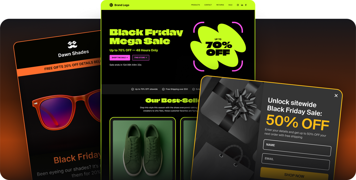 Black Friday email, landing page and popup examples made with Sender