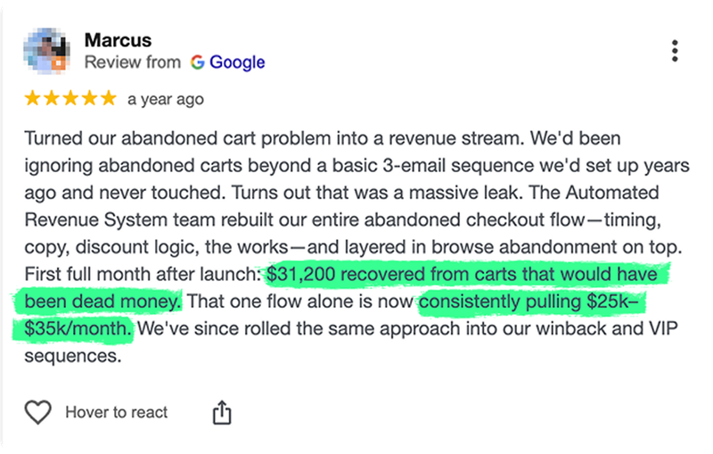 Customer feedback screenshot