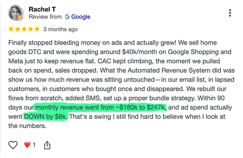 Customer feedback screenshot