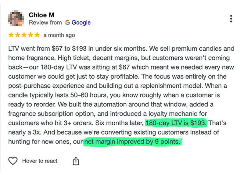 Customer feedback screenshot