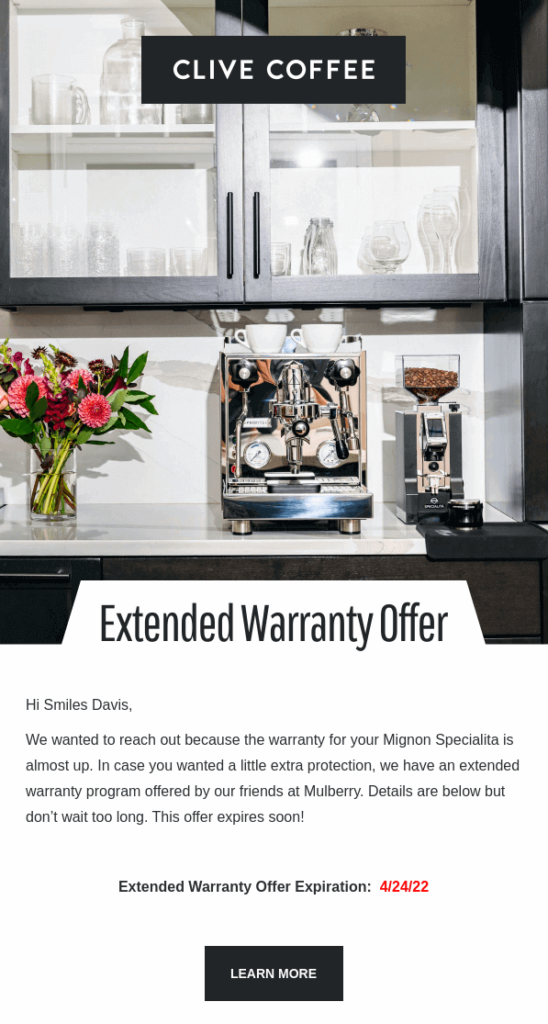 Clive_Coffee_Warranty_Offer_Email_example