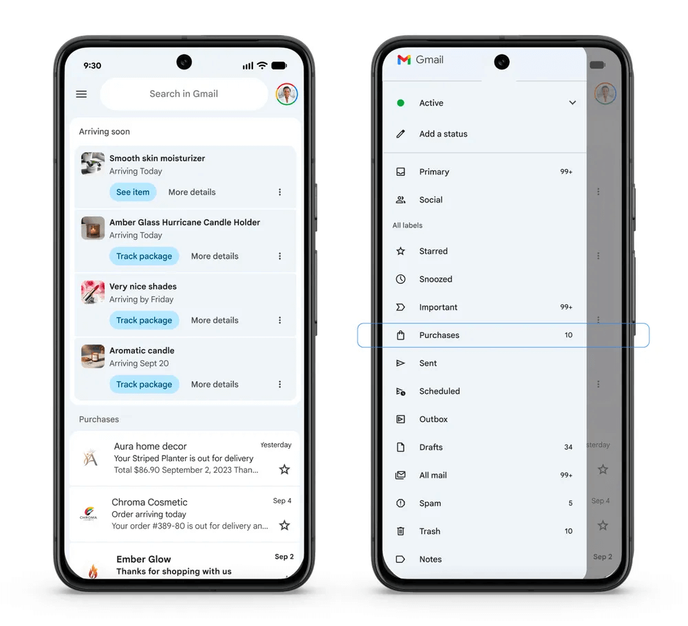 Gmail Purchases view showing order confirmations, shipping updates and delivery notifications grouped in one category