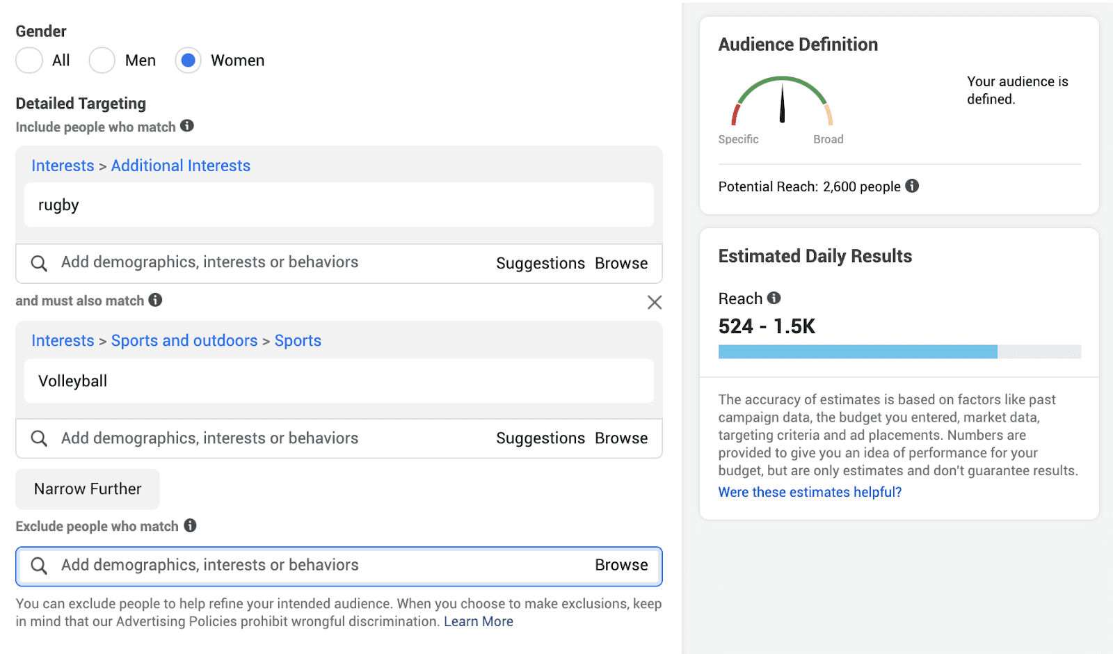 Meta Ads Manager audience targeting interface showing interest, demographic options