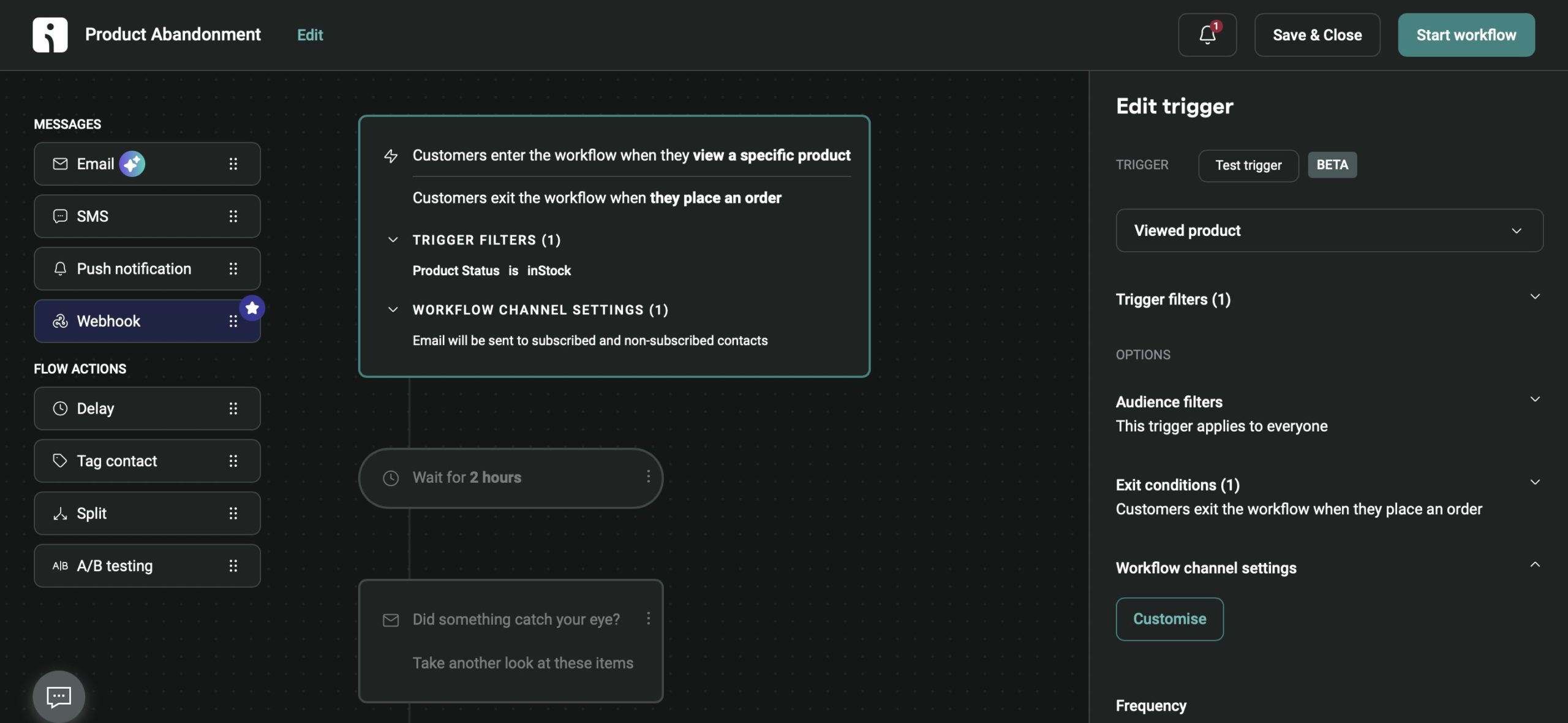 Omnisend automation workflow combining email, SMS, and web push steps for a Shopify abandoned cart sequence