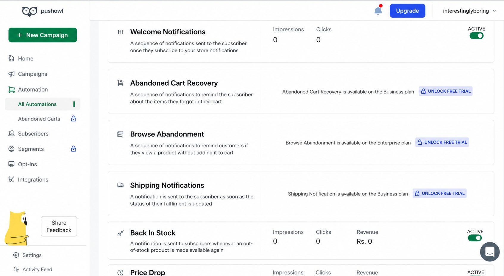PushOwl web push cart recovery notification configured inside a Shopify store