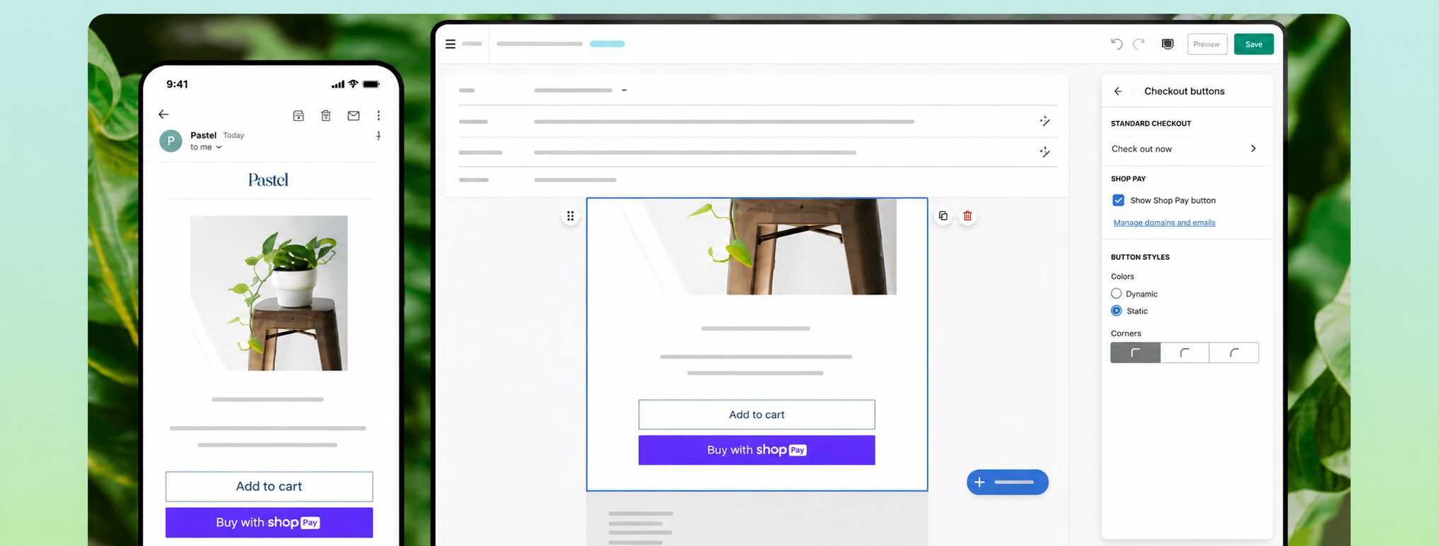 Shopify Messaging campaign editor with an express checkout section added to a marketing email